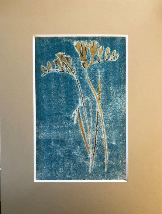 Blue background, golden flower Mono-print