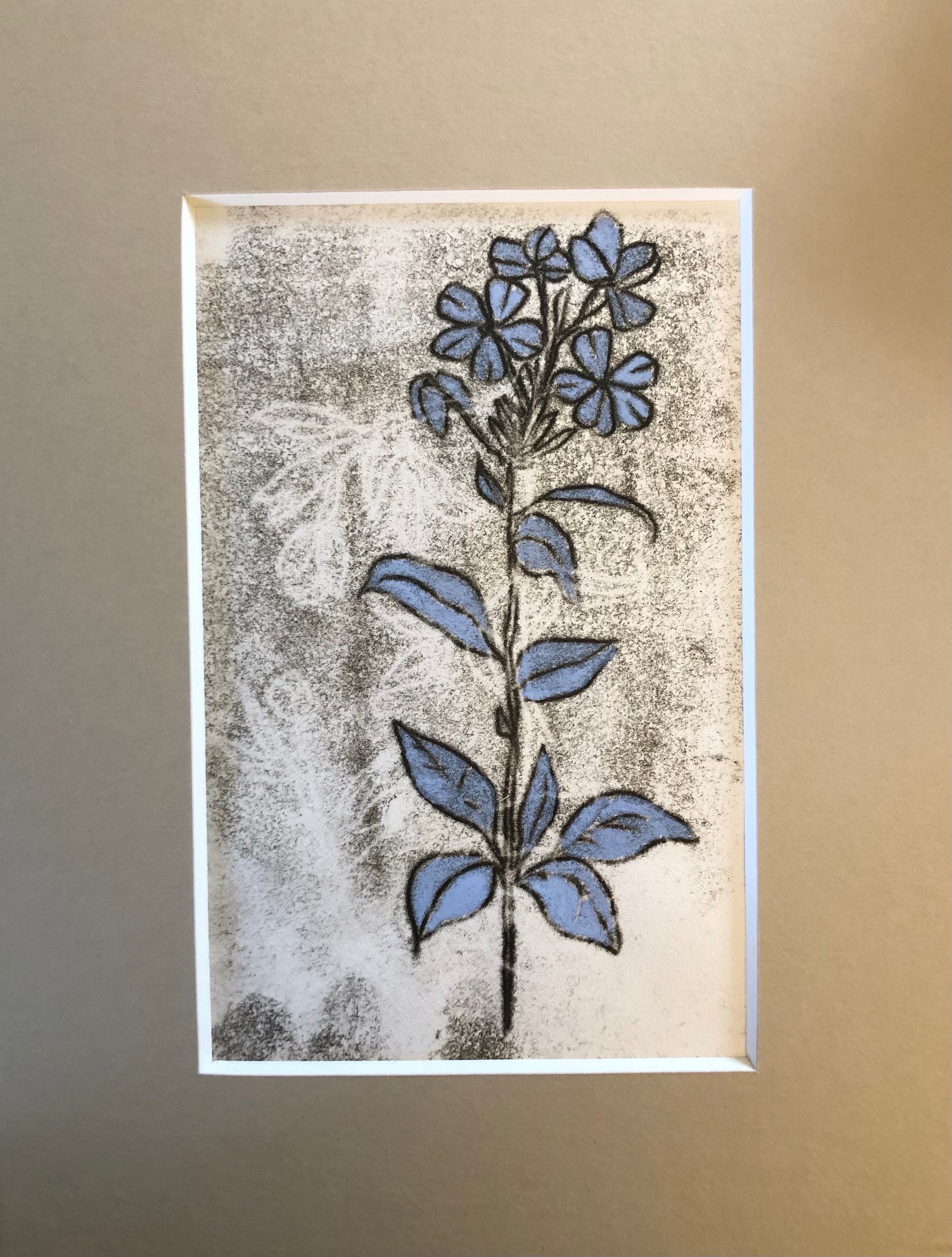 Blue Floral Monoprint on a grey background.