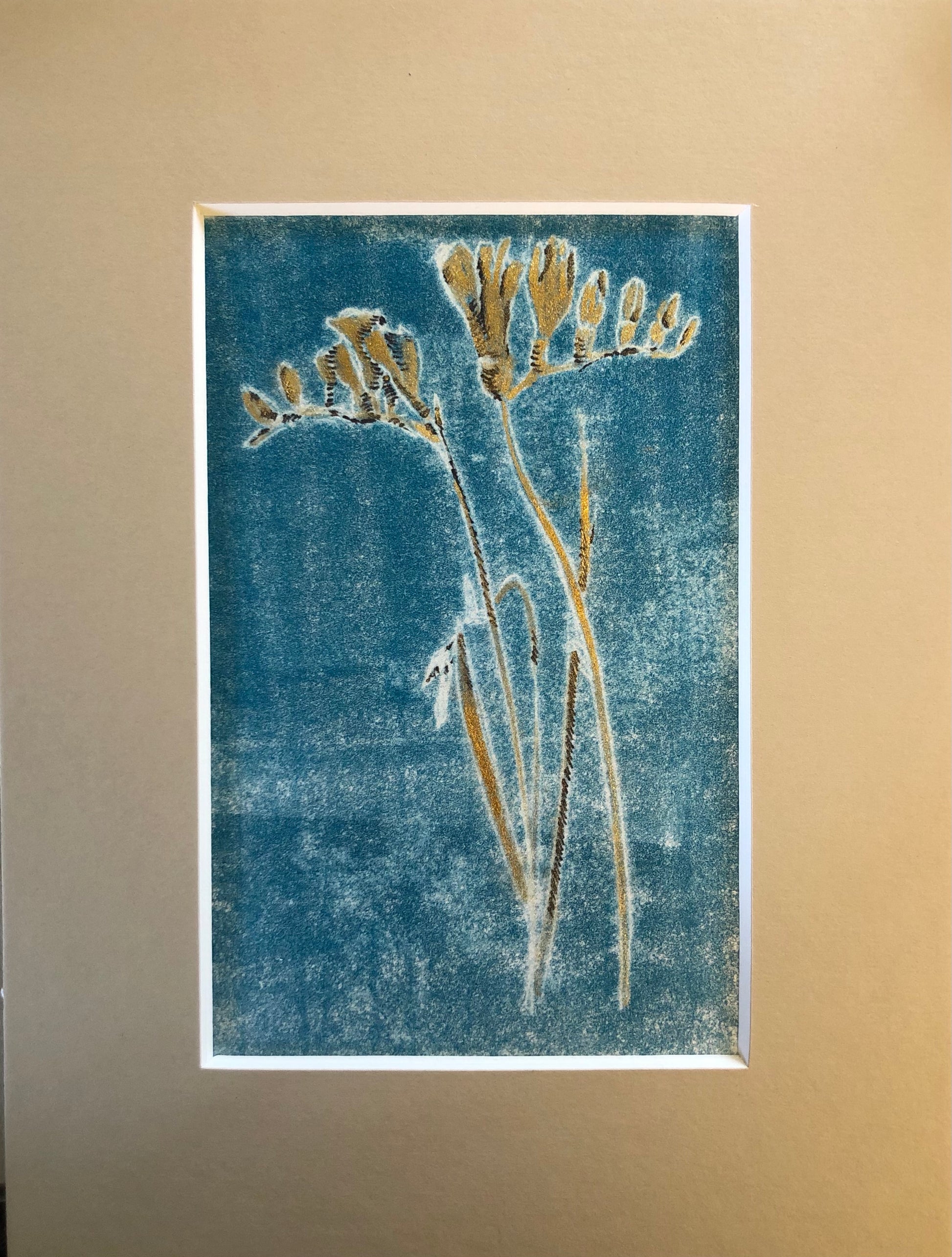 Blue background, golden flower Mono-print