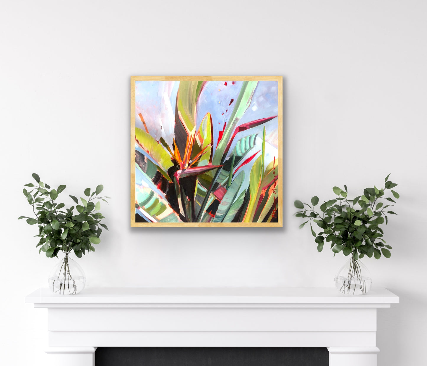 Bird of paradise painting in a sunny, bright room.