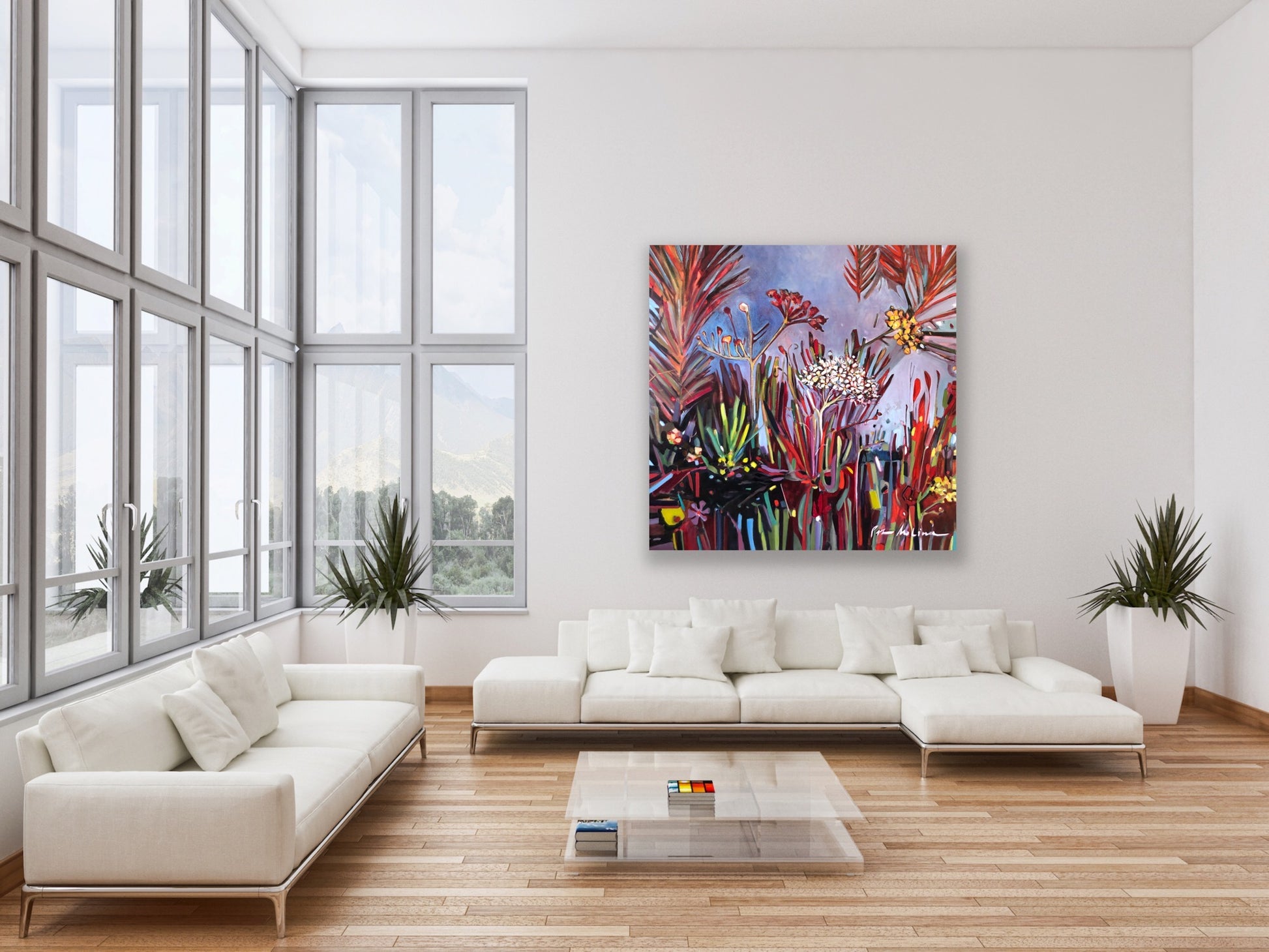 Grand Vibrant Floral Painting. Thick, Colorful Brushstrokes that burst open. Painting in a styled living room.