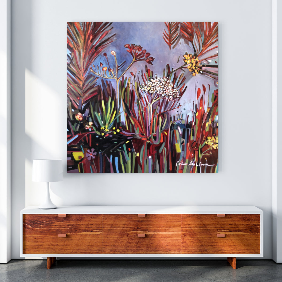 Grand Vibrant Floral Painting. Thick, Colorful Brushstrokes that burst open. Painting on a styled wall.