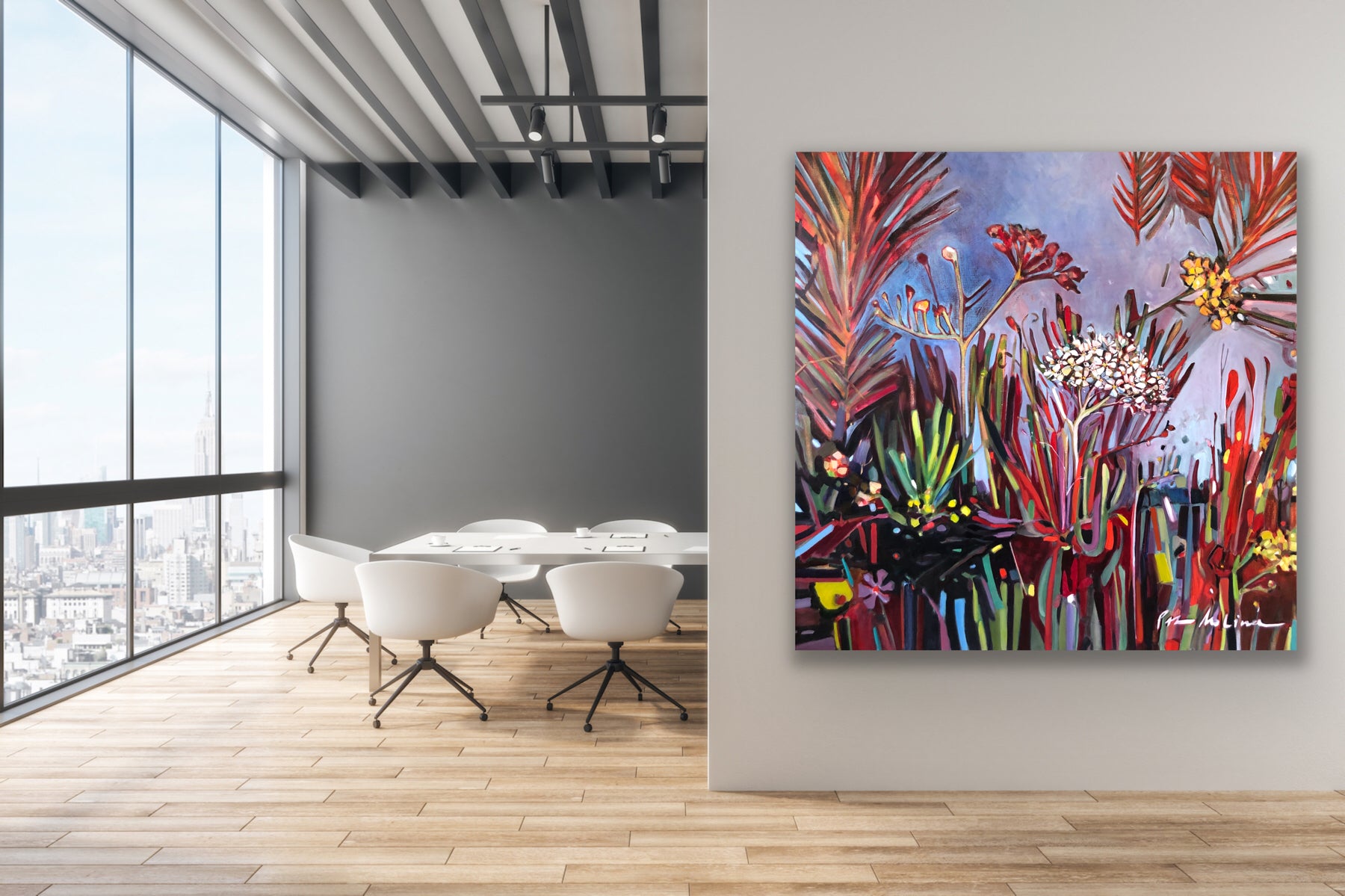 Grand Vibrant Floral Painting. Thick, Colorful Brushstrokes that burst open. Painting on a styled wall, near a meeting room.